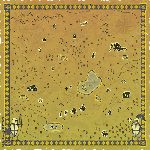 Vector of a square medieval fantasy map with a frame, a compass and knights on a worn parchment background. Icons include a campfire, a dragon, a knight, a paladin, a castle, an ogre, a dungeon, a mag