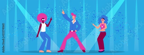 Cartoon People Disco Dancers in Neon Light Dancefloor Vector Illustration. Man in Funky Costume. Woman with Afro Hair. Nightclub 70s Retro Dance Party. Night Club Discotheque Concert