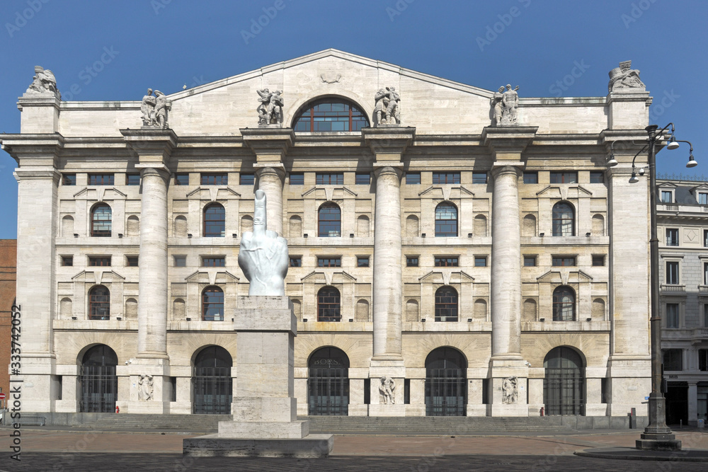 Europe, Italy, Milan March 2020 - completely deserted places of tourist interest, without people, for n-cov19 Coronavirus pandemic -  Borsa Piazza Affari , headquartered of Italian money exchange 