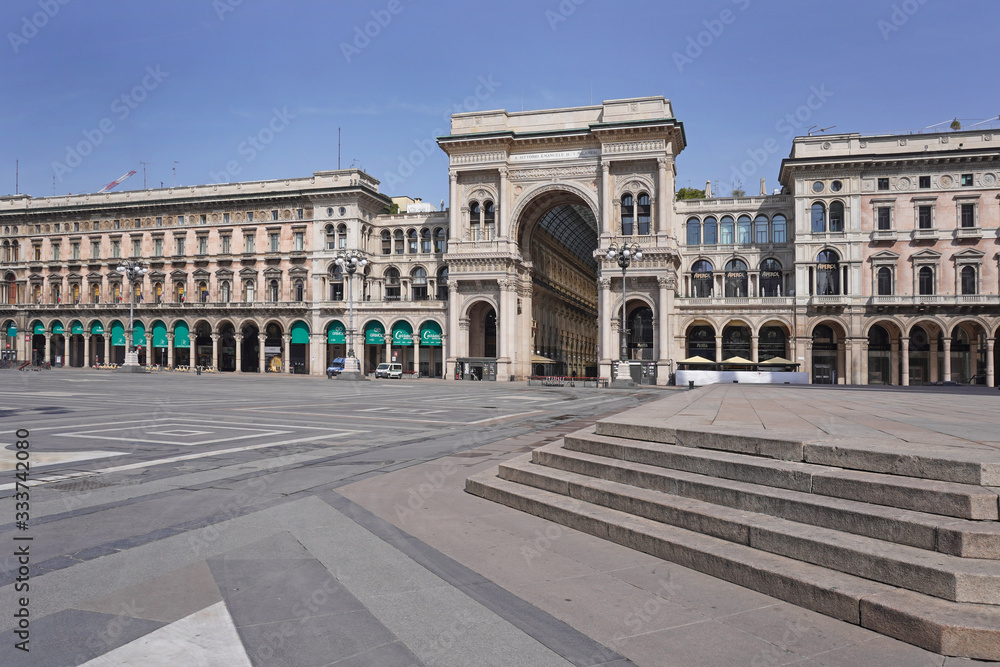 Europe, Italy, Milan March 2020 - completely deserted places of tourist interest, without people, for n-cov19 Coronavirus pandemic - Vittorio Emanuele Gallery in Duomo cathedral EMPTY