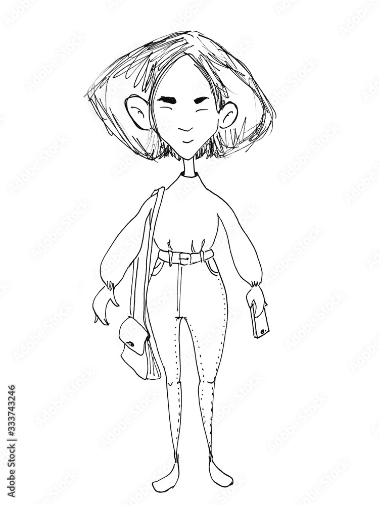 hand drawn fashion sketch of young cute woman standing isolated on white
