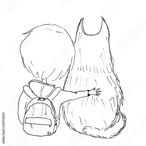 hand drawn sketch of person and dog sitting isolated on white back view