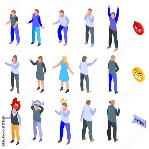 Rage icons set. Isometric set of rage vector icons for web design isolated on white background