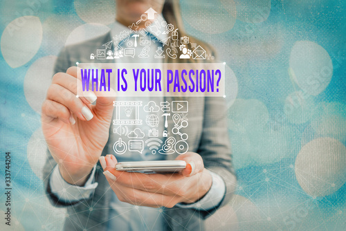 Word writing text What Is Your Passion Question. Business photo showcasing asking about his strong and barely controllable emotion photo