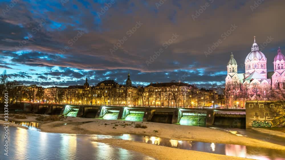 Munich skyline panoramic view church and isar river at night Munich skyline panoramic view church and isar river at night
