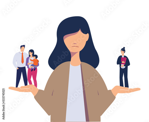Woman choosing between family or parent responsibilities and career or professional success. Difficult choice life