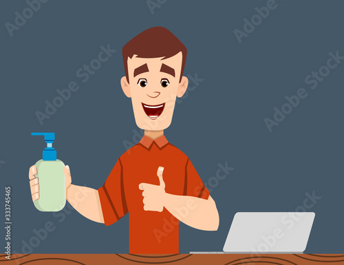 handsome man in medical and disinfectant bottle to prevent from coronavirus