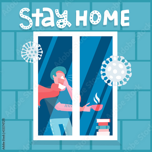 2019-ncov quarantine. Sick Man drinking tea near the window. Outside view. Lockdown at home. Remote work concept. Stay at home. Coronavirus panic. Isolated person vector flat illustration.
