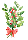 Watercolor Christmas bouquet of white mistletoe with red berries and red ribbon. Winter forest posy.