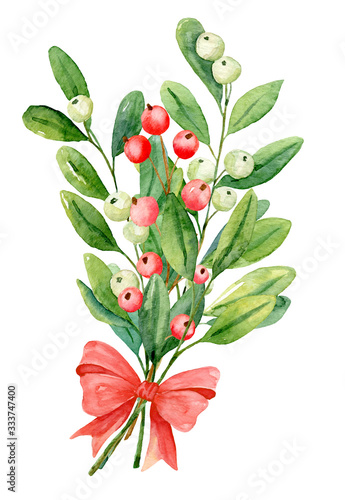 Watercolor Christmas bouquet of white mistletoe with red berries and red ribbon. Winter forest posy.