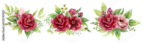 Beautiful Watercolor bouquets of Burgundy Camellia and pink Anemone flowers. Marsala Floral set.