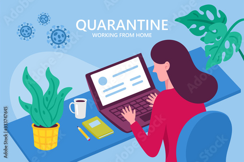 Coronavirus quarantine concept. Working from home. Woman working on laptop. Flat cartoon vector illustration