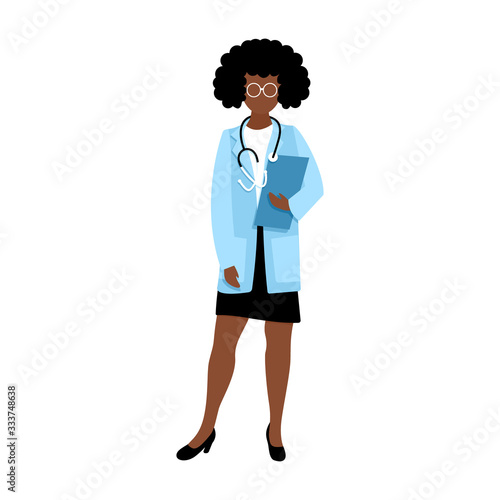 African american woman doctor in medical coat with stethoscope and glasses isolated on white background. Flat vector illustration.
