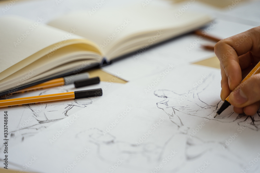 Drawing, sketching the human figure with a pencil Drawing, sketching the human figure with a pencil