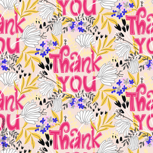 Vector seamless pattern with flowers and thank you