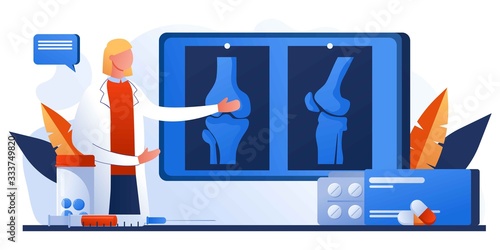 Knee or leg X-ray screen. Bone pain. Human anatomy healthcare medical concept. World arthritis day. Osteoporosis for landing page, banner. Doctor research human joints. Traumatology and orthopedic