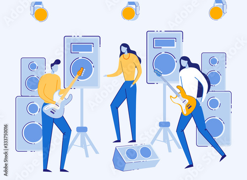 Rock Band Training before Performance on Stage with Girl Manager. Couple of Guitarists Man and Woman Playing Electric Guitars with Acoustic Equipment Staying around. Cartoon Flat Vector Illustration