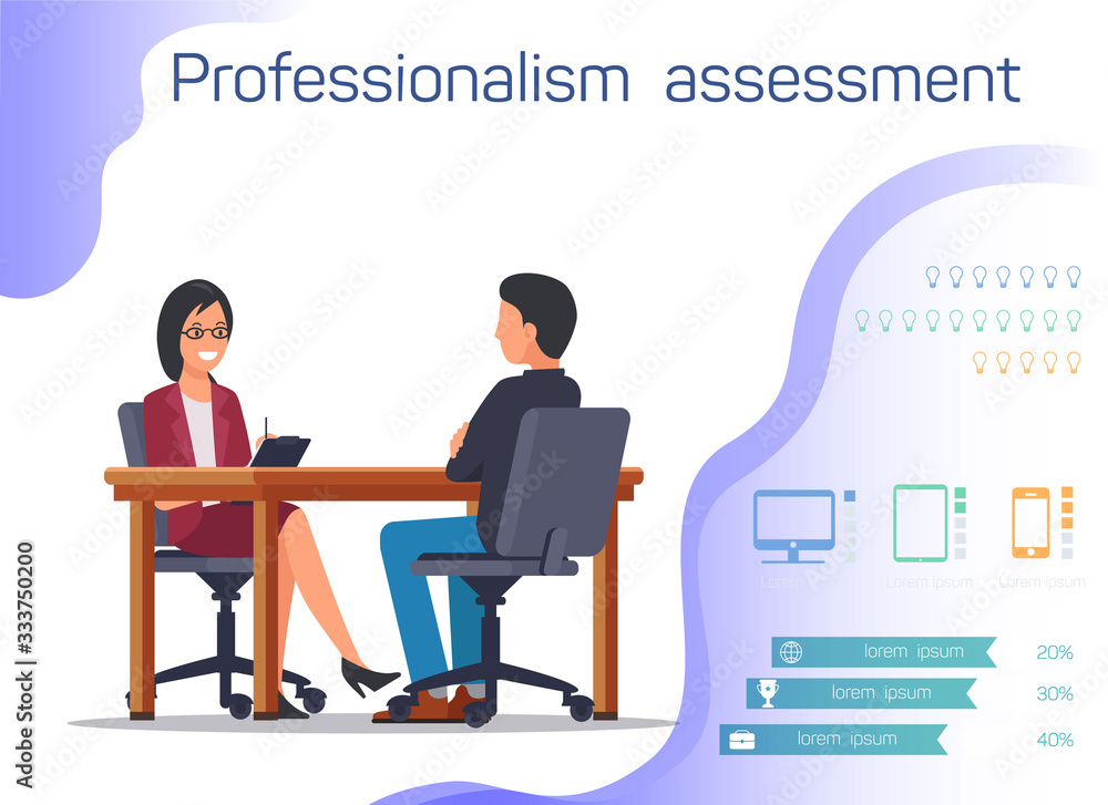 Woman and Man Sitting at Table Opposite Each Other. Professionalism Assessment. Candidate for Position. Interview in Office. Vector Illustration. Recruitment Agency. Recruiting Director Selection. Woman and Man Sitting at Table Opposite Each Other. Professionalism Assessment. Candidate for Position. Interview in Office. Vector Illustration. Recruitment Agency. Recruiting Director Selection.