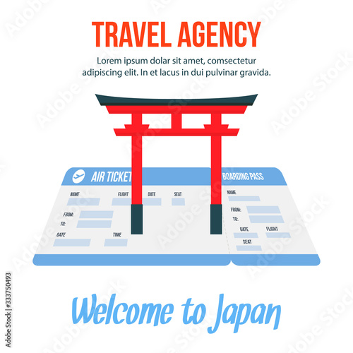 Welcome to Japan Travel Poster Vector Template. Travel Agency Banner with Copyspace. Torii Gate Flat Illustration. Asian Culture, Architecture. World Famous Landmark on Boarding Pass, Ticket