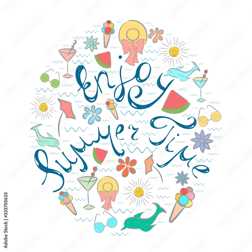Colorful Summer Greeting Card with Lettering and Other Items