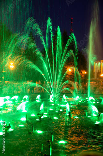Color and musical fountains in the center of Chelyabinsk at night. Russia