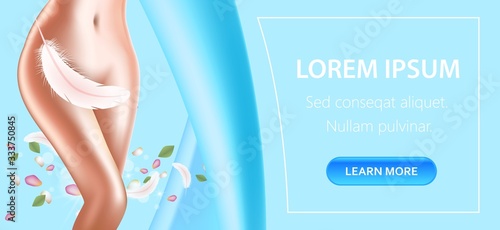Medical Beauty Spa Clinic Flyer . Young Woman Body with Perfect Slim Healthy Hairless Smooth Silky Skin. Hair Laser Removal Procedure, Health Care. 3D Vector Realistic Illustration, Horizontal Banner
