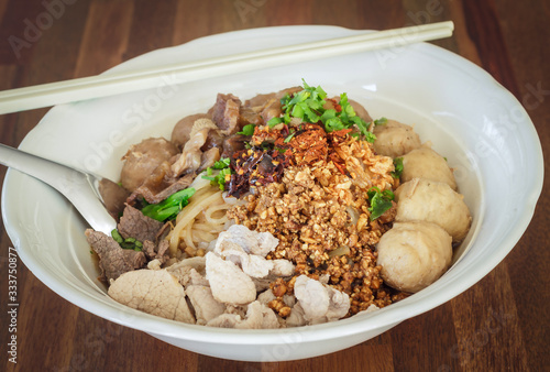 Rice noodle soup with stewed pork and pork balls