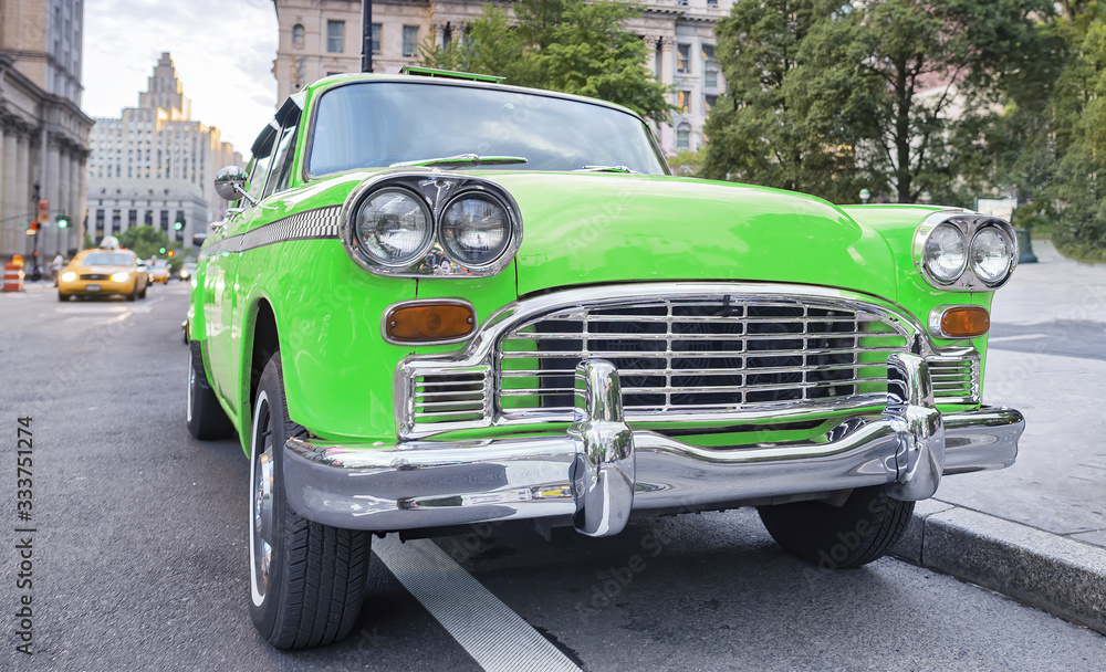 Vintage Green Cab in New York City - 70's Checker Taxi - Classic Car along Manhattan streets