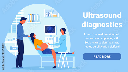 Ultrasound Diagnostics Horizontal Banner. Young Loving Couple Visiting Ultrasonography Checkup Cabinet Together Watching Baby on Screen. Fertility, Childbirth, Family. Cartoon Flat Vector Illustration