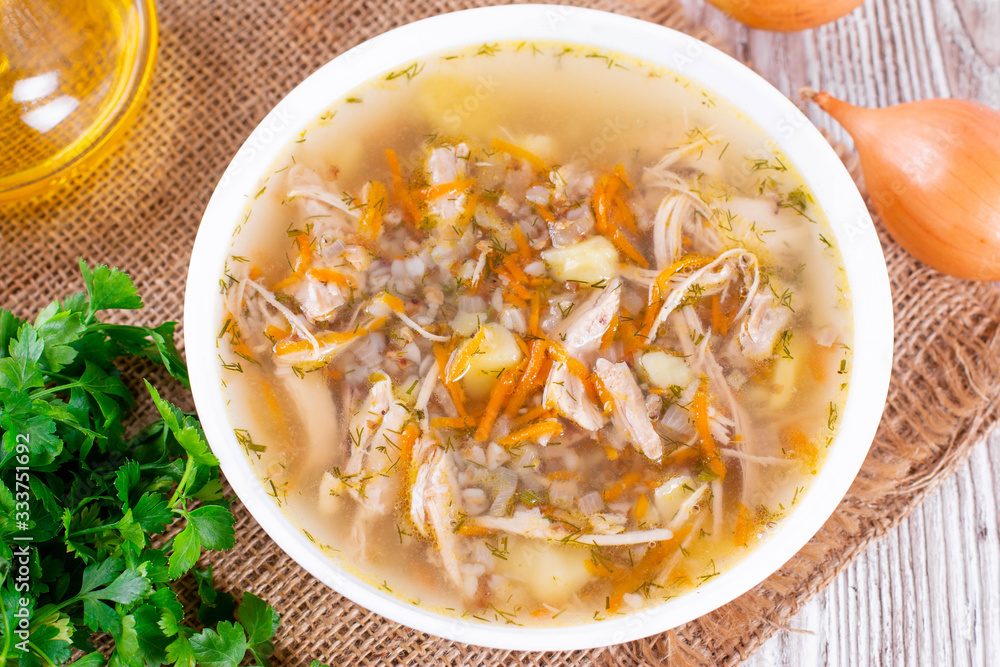 Soup with buckwheat, vegetables and chicken Soup with buckwheat, vegetables and chicken