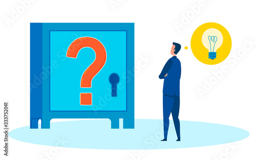 Man Thinking About Locked Safe Vector Illustration. Businessman, Office Worker in Financial Uncertainty. Secure, Safe Way of Collecting Money. Brainstorming Ideas of Getting Success