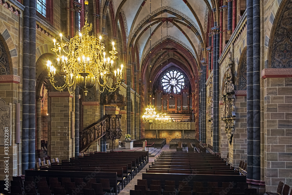 Interior of Bremen Cathedral, Germany. The cathedral of St. Peter was built in the 11th century and rebuilt in the later centuries. The main organ was built in 1894 by Wilhelm Sauer.