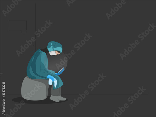 Art & Illustration Vector illustration of Doctor tired or exhausted.The woman doctor siting and using smart phone.She may be sad,worried or scared.Concept of  medical front line health workers  