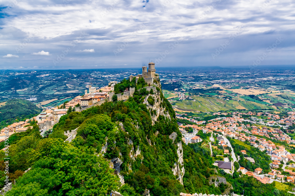 Republic San Marino Prima Torre Guaita first fortress tower with brick walls on Mount Titano stone rock.