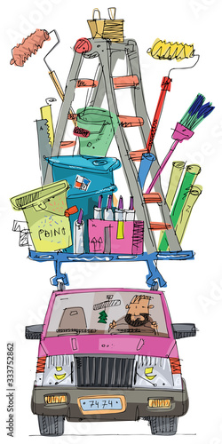 A cute vintage car overloaded with hardware and building tools with bearded builder driver inside. Caricature. Cartoon.