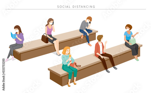 Social Distancing Concept, People Wearing Surgical Masks Sitting With Distance, Protection For Coronavirus Disease, Covid-19