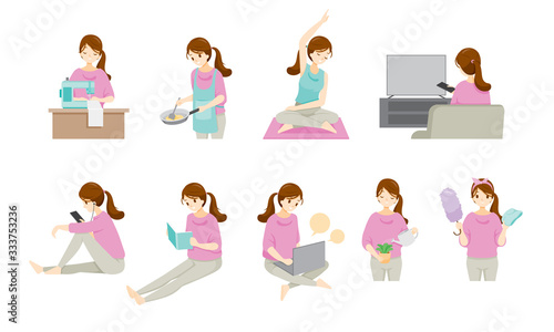 Woman Stays At Home And Work From Home With Many Activities, Protection For Coronavirus Disease, Covid-19, Daily Routines Of Woman