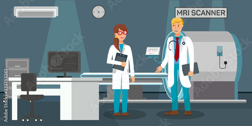 Room with MRI Scanner and Doctors Illustration. Experienced Doctors Cartoon Characters. Medical Staff Conversation. Organs Scanning Machine. Clinic Concept. Flat Vector Banner Template