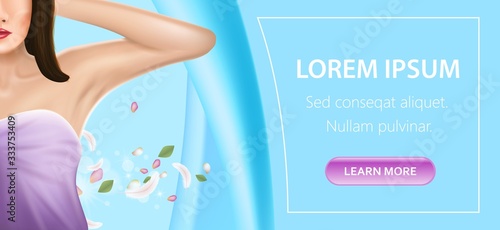 Armpit Epilation Spa Salon Service, Promo Poster. Woman Hold Arm Up and Showing Clean Underarm with Feathers and Petals. Laser Hair Removal Procedure 3D Vector Realistic Illustration Horizontal Banner