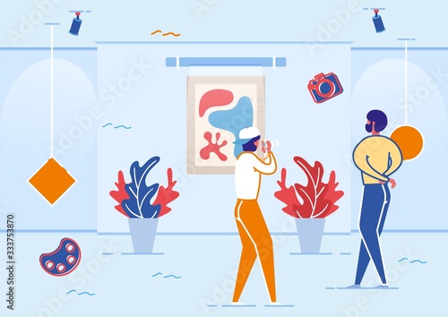 Woman Visitors Taking Photos in Art Gallery Museum Room Flat Cartoon Vector Illustration. People Watching Abstract Masterpiece. Travelers Visiting Sightseeings. Spending Time, Personal Development.