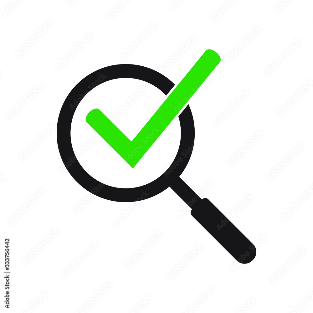 Magnifying glass with green check tick. Vector icon illustration design. For concepts of research, results found, success, reviews, examination, discovery. Magnifying glass with green check tick. Vector icon illustration design. For concepts of research, results found, success, reviews, examination, discovery.