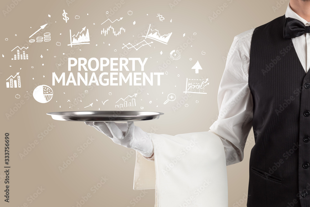 © ra2 studio - Waiter serving business idea concept with PROPERTY MANAGEMENT inscription