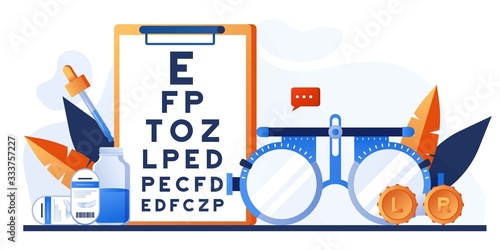 Ophthalmology concept. Ophthalmologist female doctor eyesight check up. Vison test medical concept with glasses, eye examination, eye drop, chart, lens with case. For banner, website design or landing