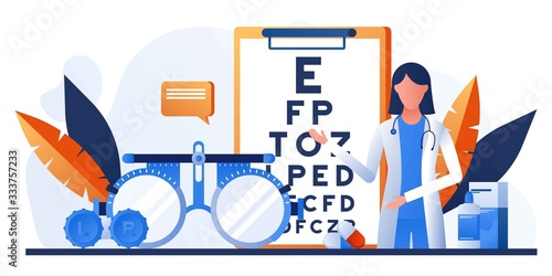 Ophthalmology concept. Ophthalmologist female doctor eyesight check up. Vison test medical concept with glasses, eye examination, eye drop, chart, lens with case. For banner, website design or landing