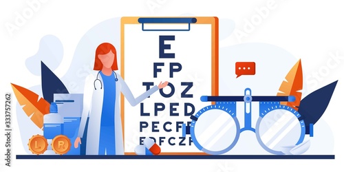 Ophthalmology concept. Ophthalmologist female doctor eyesight check up. Vison test medical concept with glasses, eye examination, eye drop, chart, lens with case. For banner, website design or landing