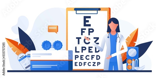 Ophthalmology concept. Ophthalmologist female doctor eyesight check up. Vison test medical concept with glasses, eye examination, eye drop, chart, lens with case. For banner, website design or landing