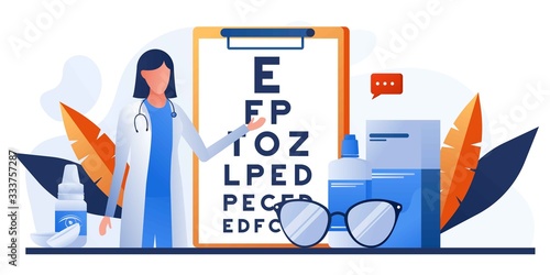 Ophthalmology concept. Ophthalmologist female doctor eyesight check up. Vison test medical concept with glasses, eye examination, eye drop, chart, lens with case. For banner, website design or landing