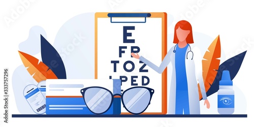 Ophthalmology concept. Ophthalmologist female doctor eyesight check up. Vison test medical concept with glasses, eye examination, eye drop, chart, lens with case. For banner, website design or landing