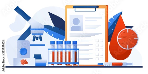 Medical diagnostic concept. Lab research. Patient blood in test tubes. Banner, flyer, landing page template. Exam checklist blank document. Laboratory glassware and tests composition with microscope
