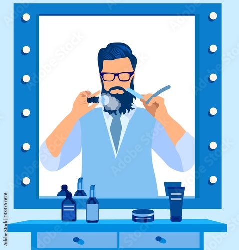 Reflection of Cool Handsome Young Bearded Man Wearing Trendy Clothes Stand in Front of Big Mirror Shaving Beard with Straight Razor, Gentleman Hygiene Styling Process Cartoon Flat Vector Illustration